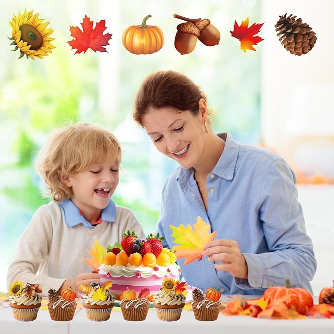 280pcs Fall Cake Decorations - Edible Sunflower, Leaf, Pumpkin Cupcake Toppers - Autumn Edible Cake Decors for Baking, Food, Thanksgiving Party Supplies (40 Styles) - Image 5
