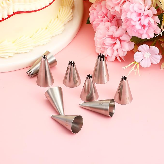 JIEYAO 9 Piece Stainless Steel Star Piping Tips Set, French Open Star Tube Frosting Nozzle Kit Pastry Decorating Tips for Cupcakes Cakes Cookies Decorating