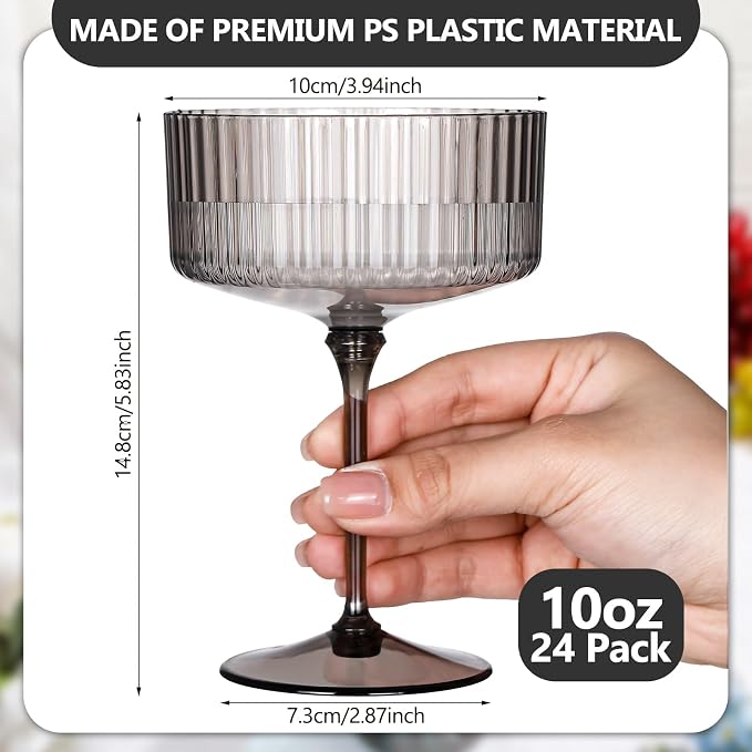 Jingmore 24 Pcs Ribbed Martini Glasses 10 oz Disposable Plastic Vintage Ribbed Coupe Glasses Unbreakable Dessert Parfait Glassware for Wedding Birthday Party Supplies (Black) - Image 2