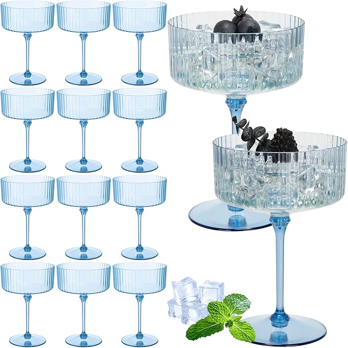 Jingmore 12 Pcs Ribbed Martini Glasses 10 oz Disposable Plastic Vintage Ribbed Coupe Glasses Unbreakable Dessert Parfait Glassware for Wedding Birthday Party Supplies (Blue) by Jingmore