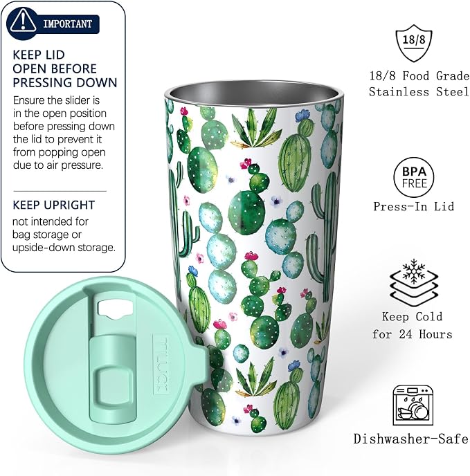 TILUCK 20 oz Insulated Coffee Tumbler with BPA-Free Lid | Travel Coffee Mug, Dishwasher Safe, Cup Holder Friendly, Double-Wall Vacuum Insulation for Hot & Cold Drinks, Cactus - Image 2