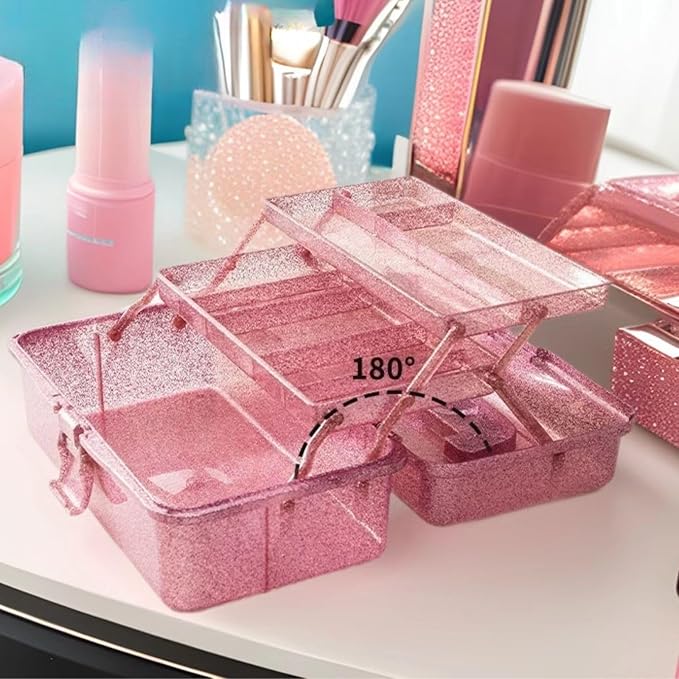 Saim Storage Bins,Three-Layer Multipurpose Art & Craft Storage Container,Carry Tackle Organizer,Medicine Cosmetic Art Supply Box for Art Supply Makeup Hair Accessories Painting Tools - Pink