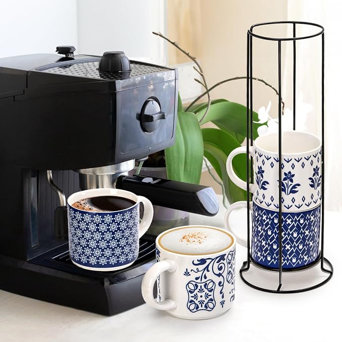 Eorbow 4 Pack Ceramic Coffee Mug Set with Rack, 16 OZ Stackable Cappuccino Cups with Metal Stand, Blue and White Porcelain Tea Mugs for Latte, Americano, Milk, Hot Cocoa, Beverages, Microwave Safe - Image 6