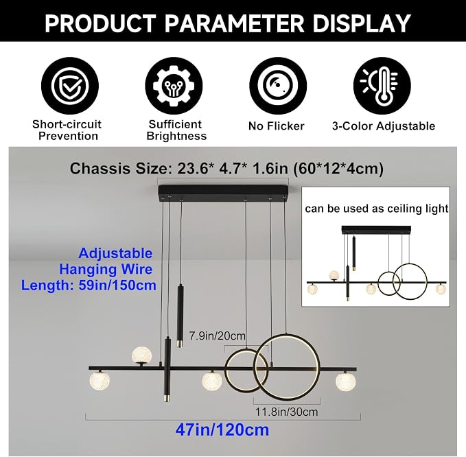 ORANOOR Modern LED Pendant Lights, Dimmable 47inch Linear LED Chandelier | Upgraded Black & Gold Dining Room Hanging Light Fixtures Kitchen Island Globe Pendant Lighting for Dining Table (4200lm) - Image 5