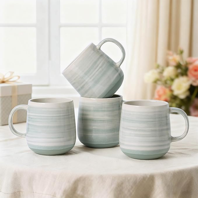 Coffee Mugs Set of 4, 12oz Stoneware Coffee Cups with Handle, Light Green | Hand-Painted Ceramic Mugs Set for Women and Men, Dishwasher & Microwave Safe, Suitable for Hot Coffee, Tea, Cocoa, Milk - Image 8