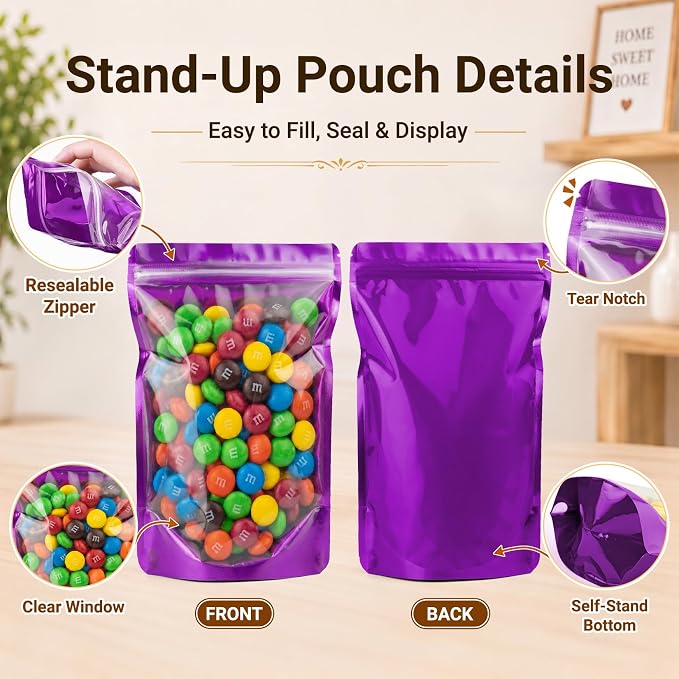 ANZNKU 100PCS Mylar Bags Resealable Small Smell Proof Bags(Purple, 5.5x7.8) | Stand Up Foil Pouches Clear Window, Sealable Bags for Small Business Packaging Snack Party Favors Candy Treats Food Storage - Image 4