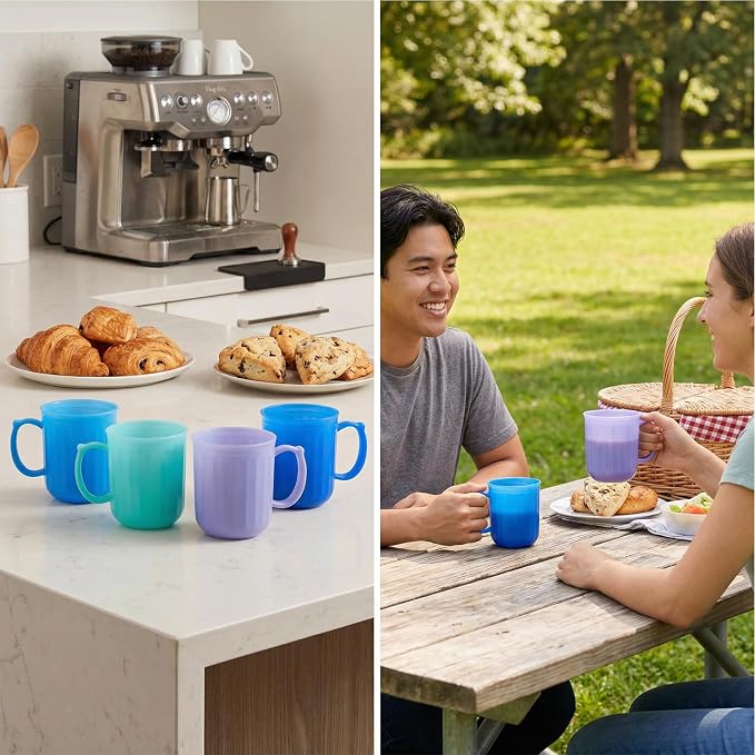 Plastic Coffee Cup with Handle set of 4, 13 oz Iced-Tea Mug Coastal | BPA Free Reusable Food Grade PP, Unbreakable, Dishwasher Safe, Lightweight, Elderly Kid Safe, Kitchen Party Camping Outdoor - Image 3