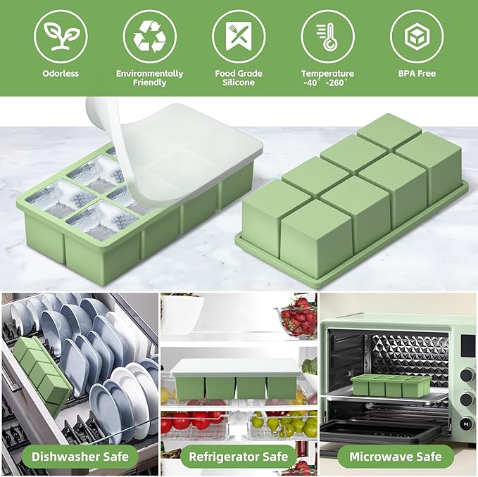 Large Ice Cube Molds, 2 Pack Easy Release Ice Trays for Freezer with Lid, Stackable Square Big Silicone Ice Cube Tray BPA Free Slow Melting for Bourbon Whiskey, Cocktails, Iced Coffee (Green)