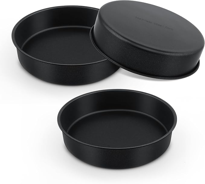 E-far 9.5 Inch Cake Pan Set of 3, Nonstick Round Baking Layer Cake Pans, Stainless Steel Core & Non-Toxic Coating, 2 Inch Deep (Black) by E-far