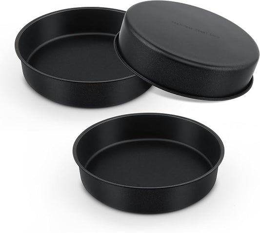 E-far 9.5 Inch Cake Pan Set of 3, Nonstick Round Baking Layer Cake Pans, Stainless Steel Core & Non-Toxic Coating, 2 Inch Deep (Black) by E-far