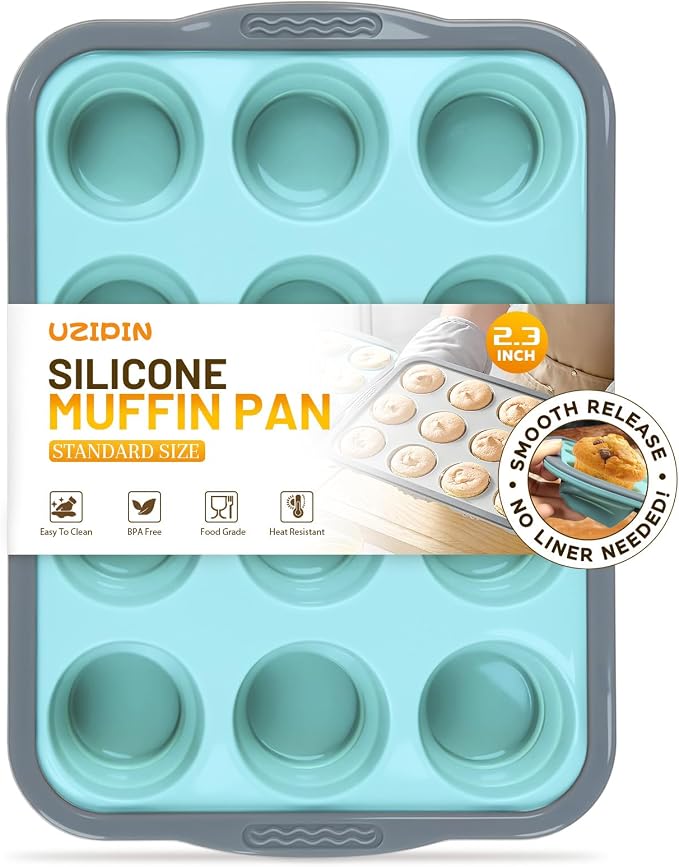 Silicone Muffin Pan, 12 Cups Non-Stick Cupcake Pan, Food-Grade BPA-Free Muffin Tin, Oven-Safe 450 °F, Reinforced Steel Frame, Easy-Grab Handles, Quick-Release 2.3" Baking Molds for Mini Treats by Unknown