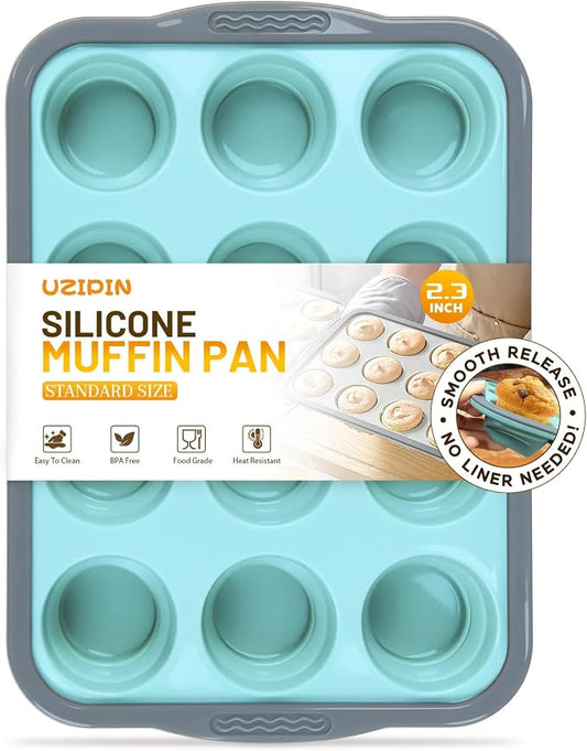 Silicone Muffin Pan, 12 Cups Non-Stick Cupcake Pan, Food-Grade BPA-Free Muffin Tin, Oven-Safe 450 °F, Reinforced Steel Frame, Easy-Grab Handles, Quick-Release 2.3" Baking Molds for Mini Treats by Unknown