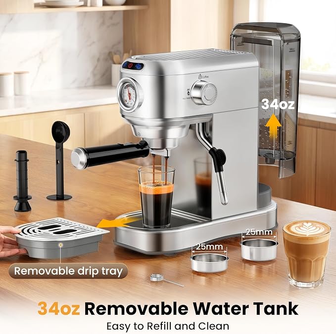 Espresso Machine 20 Bar, Compact Espresso Coffee Machine with Milk Frother, Stainless Steel Coffee Maker with 34oz Removable Water Tank, Cappuccino Machine for Home, Office, Latte (Silver) - Image 5