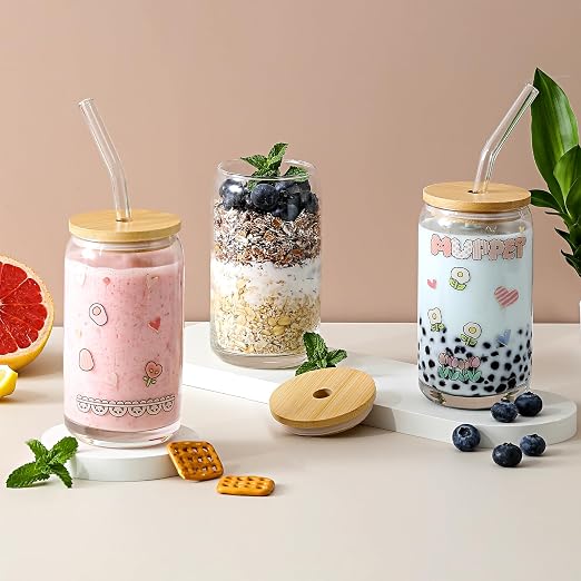 [ 6pcs Set ] Glass Cups with Bamboo Lids and Glass Straw - Beer Shaped Drinking Glasses, 16 oz Iced Coffee Glasses, Cute Tumbler Cup for Smoothie, Boba Tea, Whiskey, Water - 2 Cleaning Brushes - Image 4