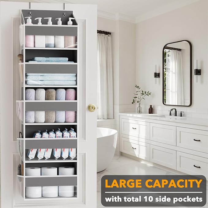 SpaceAid 2 Pack Over The Door Organizer with 5 Large Pockets and 10 Mesh Side Pockets, 5 Layers Door Organizer Hanging with Clear Window for Bedroom, Bathroom, Pantry and Nursery, Gray - Image 3