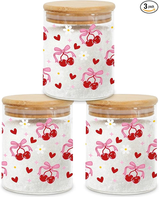 Pink Cherry Glass Storage Jars with Lids, Candy Cookie Jars, 3 Pcs | Pink Cherry Candy Cookie Jars Gift Bow Coquette Kitchen Decor Canister Cute Kitchen Containers Gifts for Sugar by Culudea