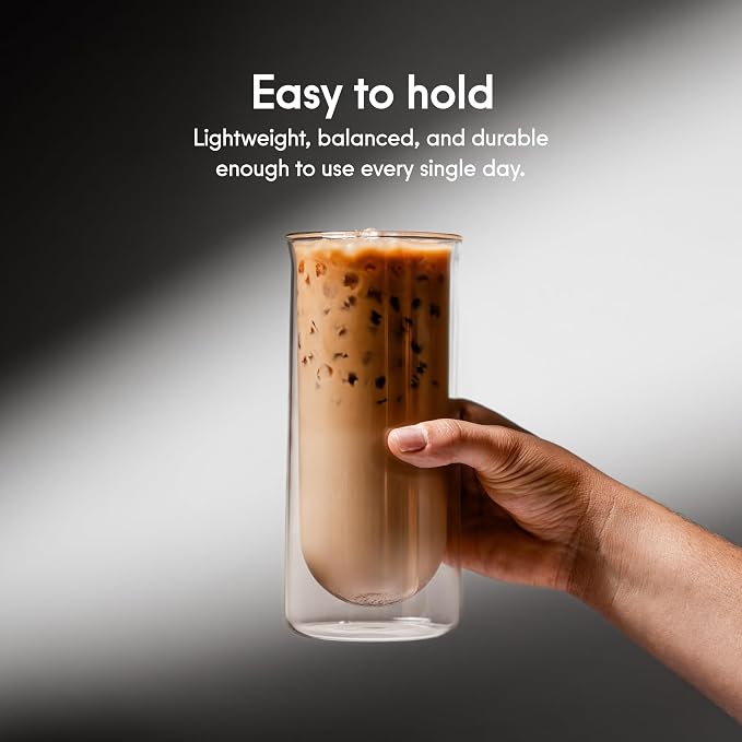 FLUR Iced Coffee Glasses (Set of 2) Perfect for Iced Coffee, Cold Brew & Lattes – Double-Walled Borosilicate Glass – For Hot & Cold Drinks – Lightweight & Easy to Clean – 15.5oz (Clear) - Image 5