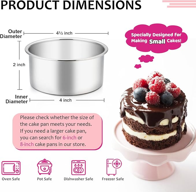 E-far 4 Inch Small Cake Pan Set of 3, Stainless Steel Mini Round Smash Cake Baking Pans, Non-Toxic & Healthy, Mirror Finish & Dishwasher Safe - Image 2