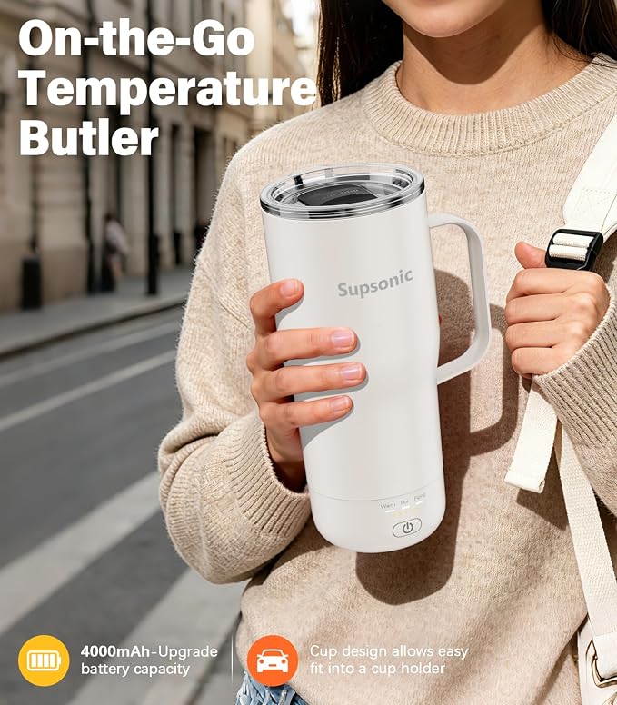 Supsonic Heated Coffee Mug Rechargeable, 20oz Long-Lasting Battery (S3) | Dry-burn protection, 2Hr auto-off, 3-Temp settings, Constant temperature, Inner stainless steel, Warm gift for men women - Image 4