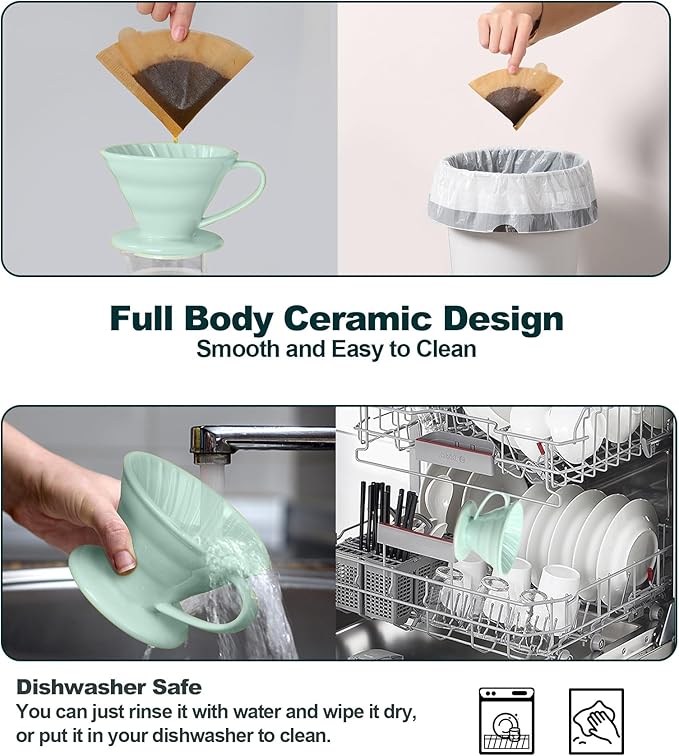 Pour Over Coffee Dripper - Ceramic Pour Over Coffee Maker Cone, Porcelain Coffee Drip, Pour Over Single Cup, Manual Brew Maker for Home, Cafe, Office - 1-4Cup, V60 Size 02 (Lake blue)