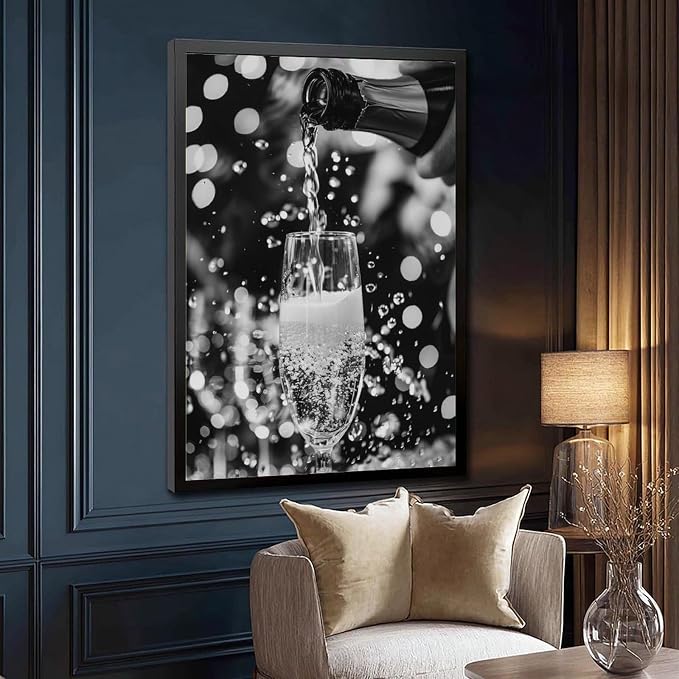 Pouring Champagne, Black And White Art, Wine Glasses Poster, Party, Retro Photography Canvas Poster Wall Art Decor Print Picture Paintings for Living Room Bedroom Decoration Black Frame 20x30in(50x75c - Image 3