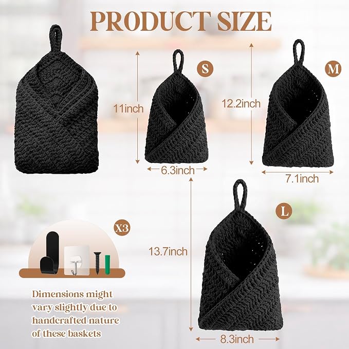 Honeydak Boho Decor Hanging Wall Baskets for Kitchen 3 Pack Teardrop Baskets with Hooks Storage Fruit Onion Vegetable Potato for Home 3 Sizes(Black,Triangle,Cotton Rope) - Image 2