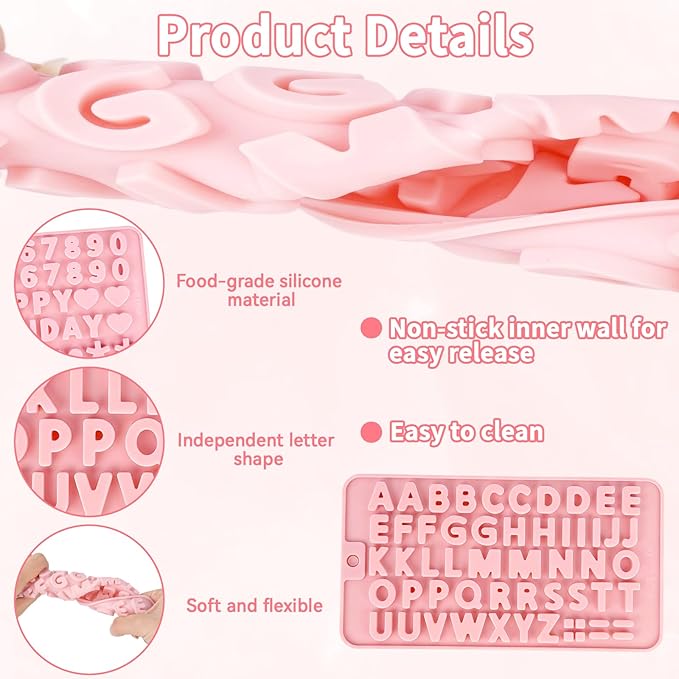 4 Pcs Letter Molds for Chocolate,Non-Stick Chocolate Molds Silicone, Alphabet Baking Tools for Party Cake Candy Cookie Baking Decorations(pink)