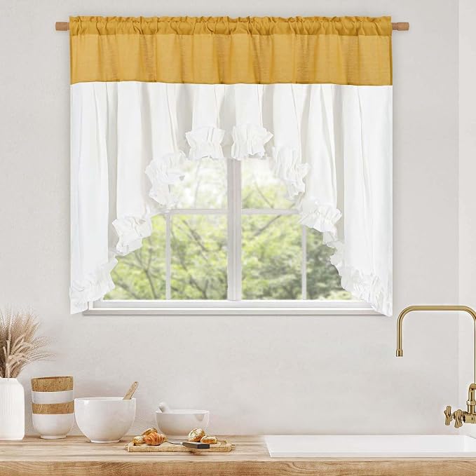 Likiyol Linen Valances for Windows Farmhouse Ruffle Swag Valance Rustic Country Window Valances Light Filtering Kitchen Curtains Rod Pocket Valance Curtains for Bathroom Cafe, Yellow White,60"W x 36"L - Image 9