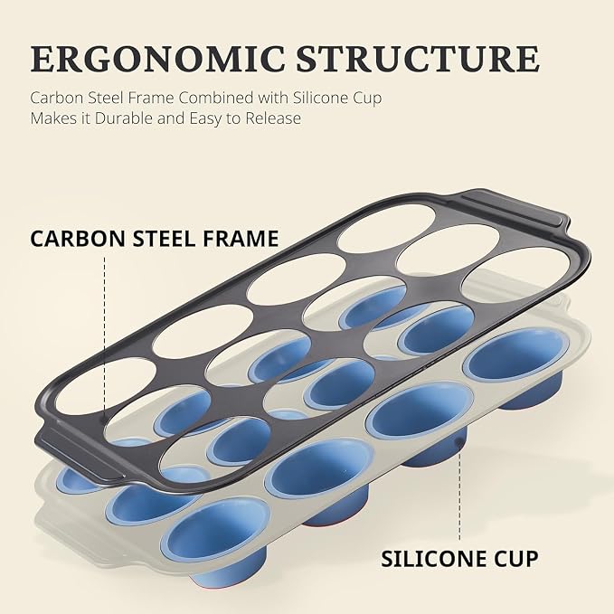 BRONYPRO 2-Pack 12 Cup and Mini 24 Cup Silicone Muffin Pans for Baking with Metal Frame, Egg Bite Molds, Muffin Tins Easy to Pop Nonstick Non Toxic Bakeware for Oven,Blue - Image 3