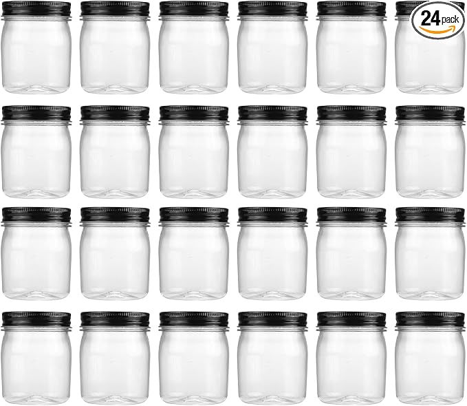 novelinks 8 oz Plastic Mason Jars and Clear Plastic Jars with Lids 8 oz | 24 Pack, Black, Plastic Containers with Lids, Small Mason Jars, Clear Jars Bulk, Spice Jars, Slime Jars, Mini Jars by novelinks