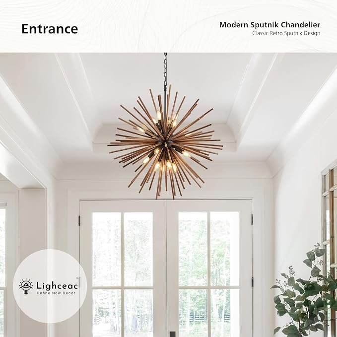 31.3" Farmhouse Sputnik Chandelier for Dining Room Rustic Handmade Natural Wood 16-Light Hanging Ceiling Pendant Light Fixture Starburst Wood Chandeliers for Kitchen Bedroom Foyer Hallway - Image 5