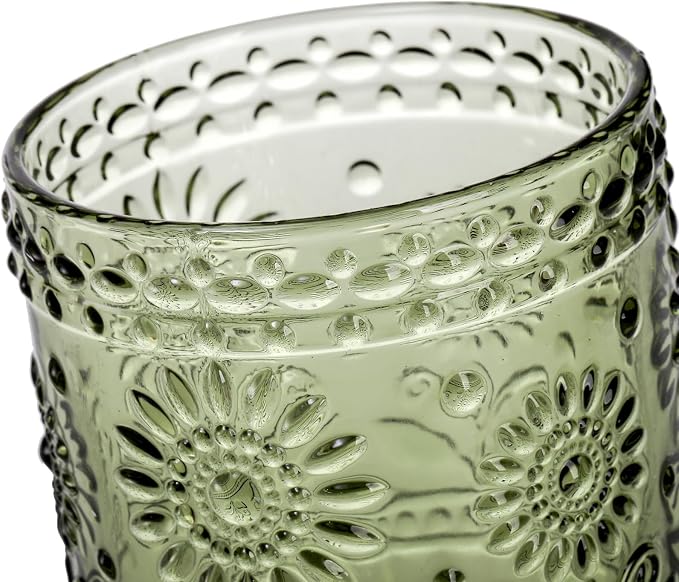 Hacaroa Set of 6 Vintage Drinking Glasses, 12 Oz Green Colored Glassware Floral Embossed Water Glasses, Decorative Beverages Tumblers for Cocktail, Whiskey, Beer - Image 4