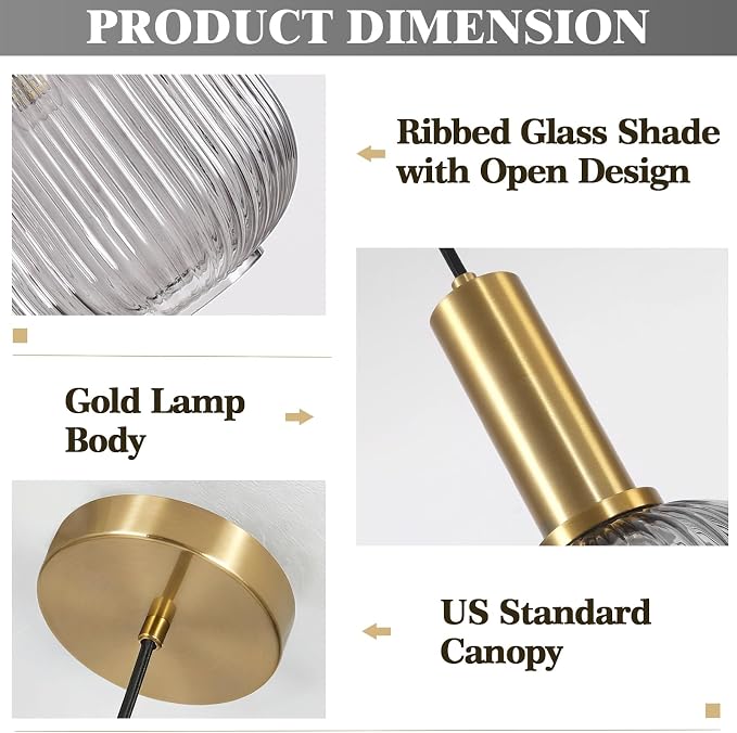 KCO Mid Century Modern Gold 7.9" Smoke Gray Ribbed Glass Pendant Light | E26 Base, Adjustable Hanging, Vintage Brushed Brass Hanging Light Fixture for Sloped Ceiling Kitchen Island Dining Room Bar - Image 3