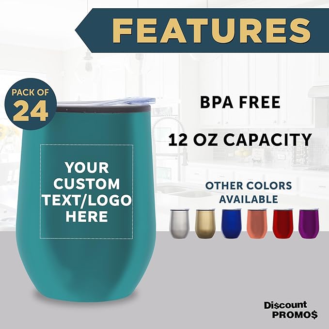 Custom Stemless Wine Tumblers 12 oz. Set of 24, Personalized Bulk Pack - Insulated, Perfect for Wine, Cocktails, Other Hot & Cold Beverages - Teal