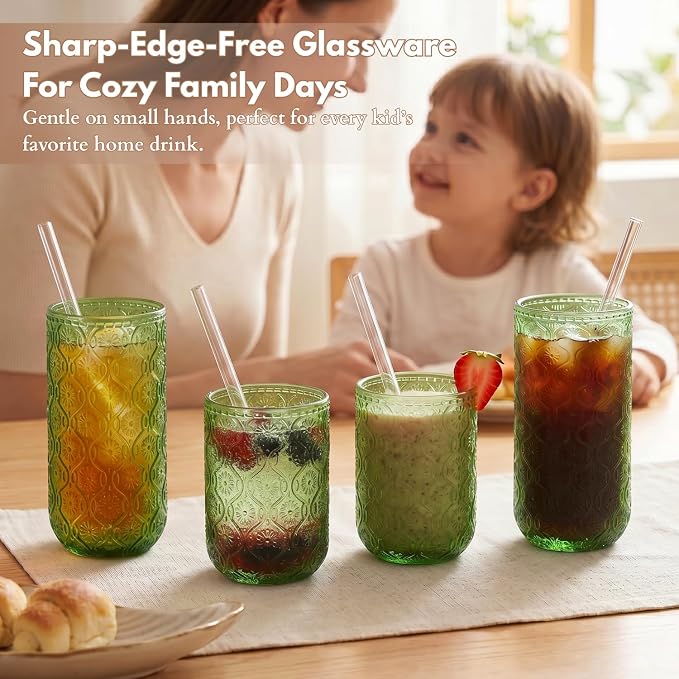 Green Drinking Glasses Set of 8, 12 Oz Highball & 10 Oz Cocktail Glasses with Straws, Thick Glass Iced Coffee Cups, Floral Embossed Kitchen Vintage Glassware Set for Water, Beer, Juice, Whiskey - Image 3