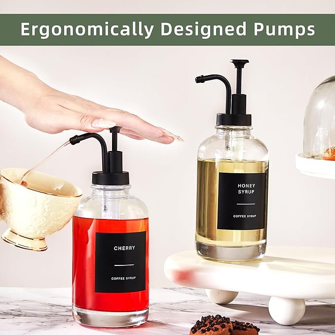 Coffee Syrup Dispensers for Coffee Bar(Set of 4),Coffee Syrup Pump Dispenser for Coffee Bar Accessories,16.9 oz Glass Syrup Dispenser with 36 Labels,Coffee Syrup Bottles with Matte Black Pump