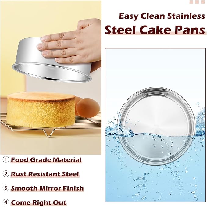 LIANYU 6 Inch Round Cake Pan Set of 3, Stainless Steel Smash Cake Pans Tins | Baking Baking Pan, Bakeware for Birthday Wedding Party, Leak-proof & Mirror Finish, Dishwasher Safe - Image 3