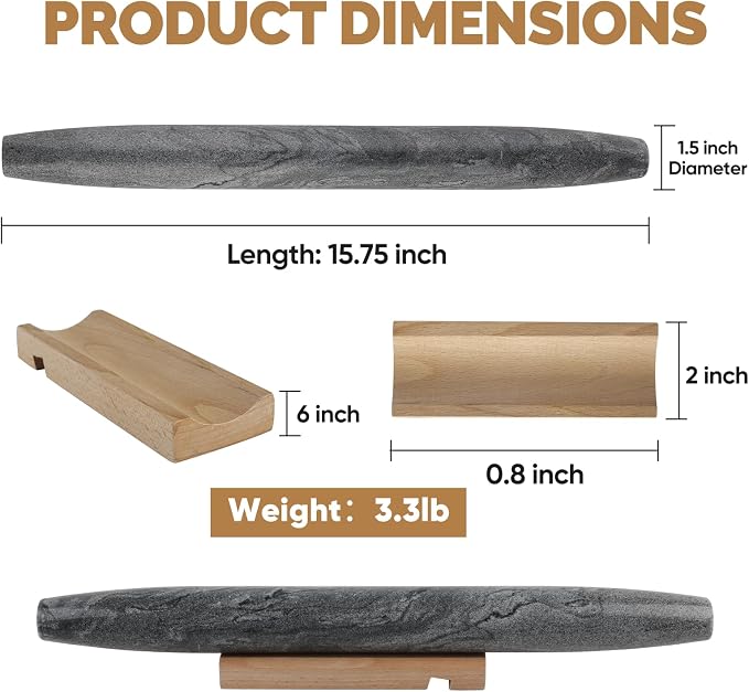 African Natural Marble French Rolling Pin, 16inch Non-Stick Rolling Pin for Baking, Dough Roller for Pasta, Dumpling, Fondant, Pie, Bread, Pizza, Kitchen Baking Tools(Monte Grigio) - Image 2