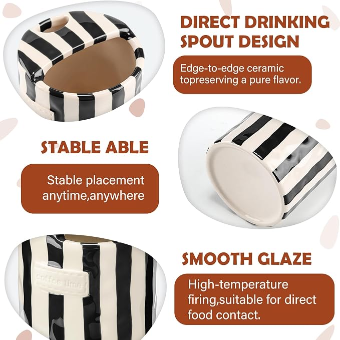 2 Pack Ceramic Coffee Mug with Sip Hole Espresso Cup 10oz with Straws Retro Hand Painted Striped Ceramic Iced Coffee Tea Travel Mug Latte Cup for Kitchen Dining (Simple,Brown,Black) - Image 3