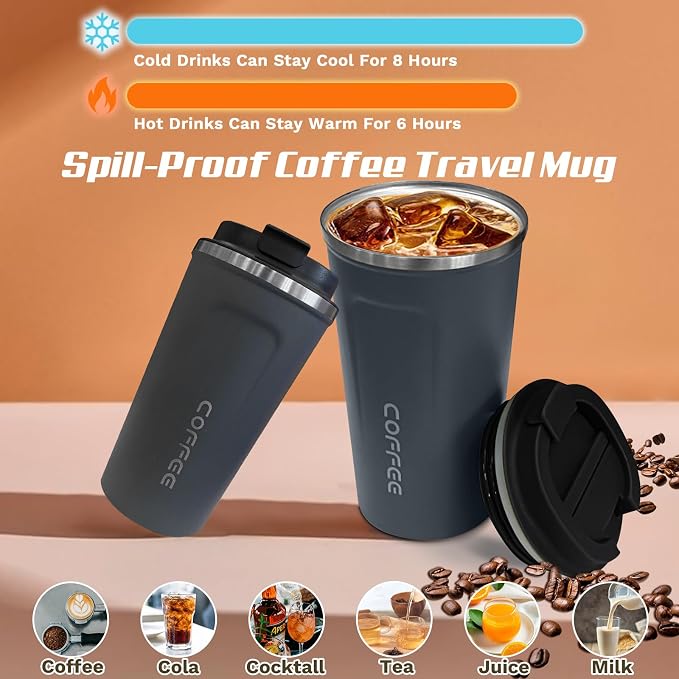 SPLMIFA Travel coffee mugs leak-proof, reusable coffee cups with lids, stainless steel vacuum insulated coffee tumblers, thermal insulation cups for men & women keep drinks hot & cold(2nd-Blue, 12OZ) - Image 2