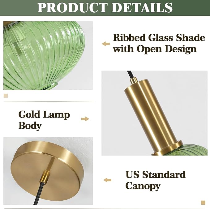 KCO Gold Brass 11.8” Large Vintage Green Ribbed Fluted Glass Pendant Light | E26 Adjustable Lantern Hanging Light for Sloped Ceiling Mid Century Modern Ceiling Light for Kitchen Island Sink Dining Room - Image 3