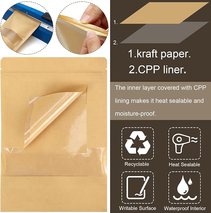 50 Pack Kraft Paper Resealable Bags with Clear Window (4 X 6 Inches) | Heat Sealable Stand Up Pouch Bags with Tear Notches for Small Business, Spices, Granola Storage - Image 4