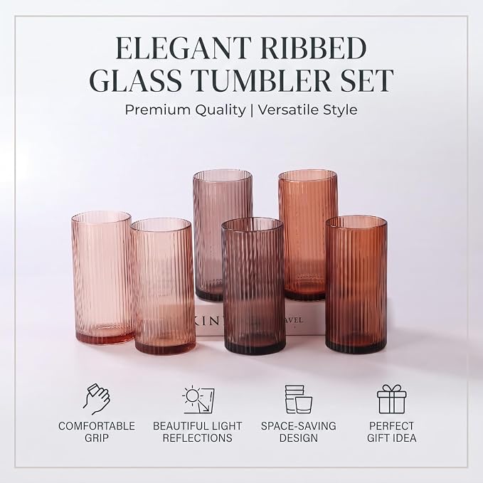Physkoa 6 Piece 16oz Brown Ribbed Glassware Set | Vintage Drinking Glasses in Ochre,Umber,Espresso–Highball Tumbler Cups–Aesthetic Colored Glasses - Image 5