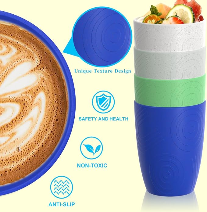 Homienly Drinking Glasses & Everyday Kids Tumblers Wheat Straw Cups 4-Pack Set | Textured Reusable Plastic Cups Essential Kitchen Cups | Dishwasher Safe for Party, Home, Camping (12 oz, Island Color) - Image 3
