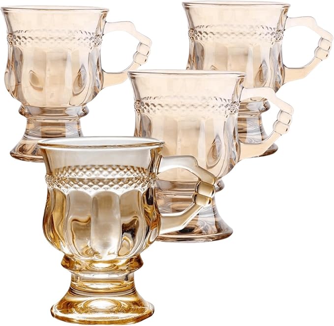 4pcs Vintage Irish Coffee Mugs, Crystal Clear Irish Coffee Glass with Handle, Footed Stem Base, Heat Resistant, Heavy Duty Cups for Hot Chocolate, Tea, Coffee, Beige