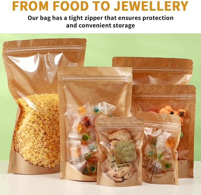 300 Pack Kraft Paper Bags with Clear Window 4x6 Reclosable Small Stand Up Mylar Bags for Food Storage Resealable Smell Proof Pouch, Edible Packaging, Reusable bags for Small Business - Image 7