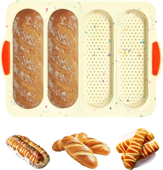 Silicone Bread Loaf Pan, 4-cavity Non-Stick Baguette Bread Pan Heat Resistant Hot Dog Bun Mold, for Sub Roll Baking Pan Bread Pans for Homemade Bread（Beige）