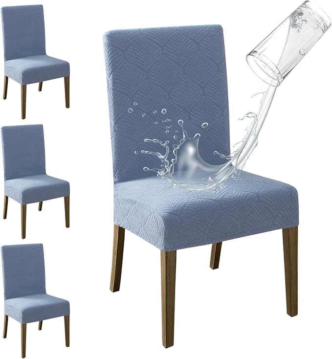 MOSAYT 100% Waterproof Dining Room Chair Covers Set of 4, Super Fit Stretch Jacquard Parson Chairs Slipcovers Removable Washable Chair Seat Protectors for Home, Kitchen, Banquet (Light Blue - XL) by MOSAYT