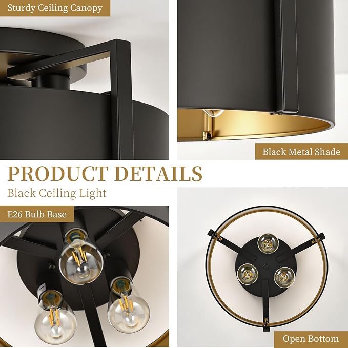 Black Semi Flush Mount Ceiling Light, 15'' Modern Farmhouse Hallway Entryway Light Fixtures Ceiling Mount, 3-Light Rustic Foyer Lighting Fixtures Ceiling lights for Kitchen Island Bedroom Dining Room - Image 4