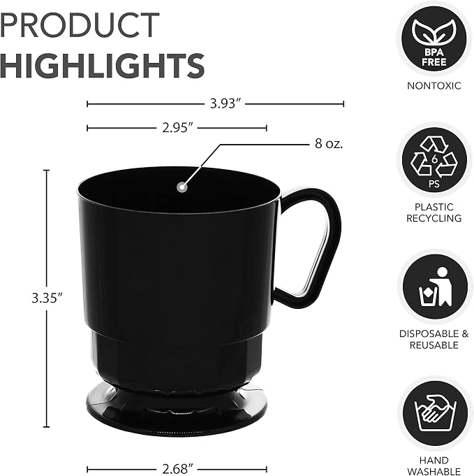 Party Essentials 8-Ounce Hard Plastic Coffee Cup/Tea Mug with Handle, 20-Count, Deluxe Black (Pack of 2) - Image 2